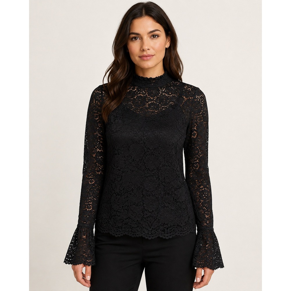 Adrianna Papell Black Lace Blouse Medium High Neck Bell Sleeve Romantic Goth